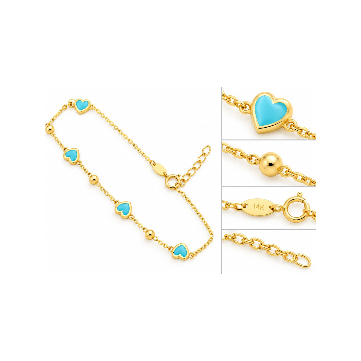 Brazalete de Dama Oro 14k con Corazones Turquesa
