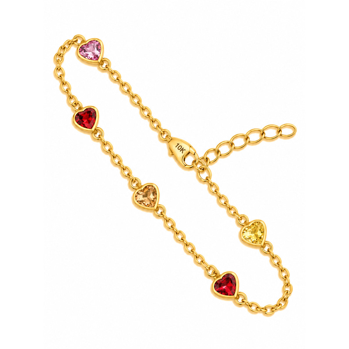 Brazalete de Dama Oro 10k con Corazones de Colores