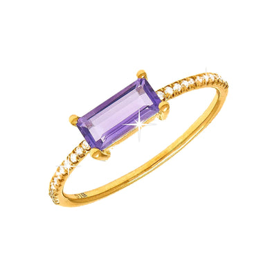 3.1x7.1mm Anillo de Dama Oro 14k Barra con Amatista y Diamantes Naturales