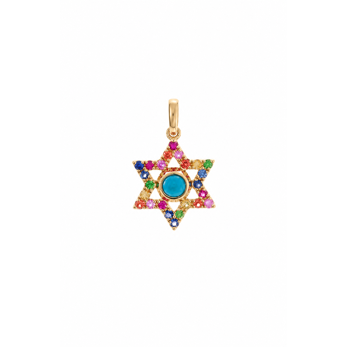 Dije Estrella de David Oro 14k Turquesa y Circonios Multicolor