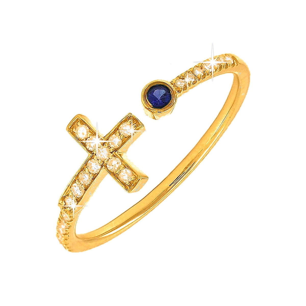 Anillo de Dama Oro 14k Cruz Redondos con Zafiro y Diamantes Naturales