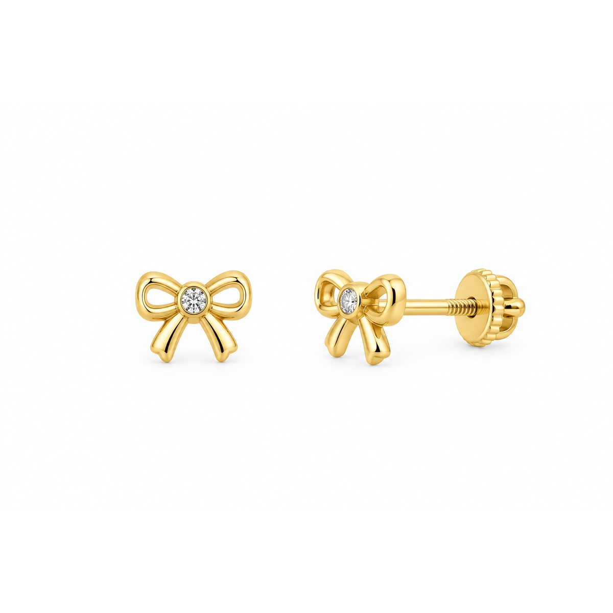 Aretes para Bebé Oro 14k Moño Calado con Circonio