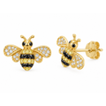 Aretes Abeja Oro 14k con Circonios Blancos Negros y Amarillos