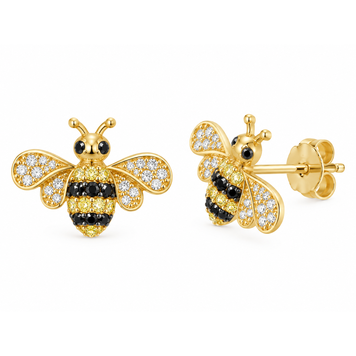 Aretes Abeja Oro 14k con Circonios Blancos Negros y Amarillos