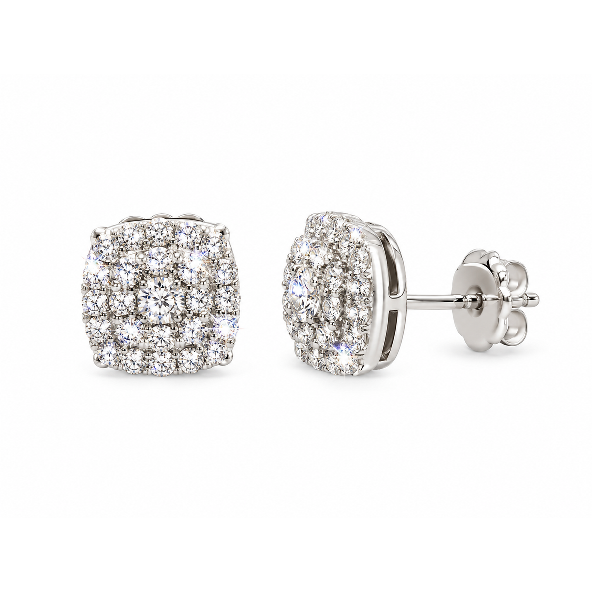 Aretes de Dama Oro Blanco 10k Cluster Cuadrado con Diamantes Naturales