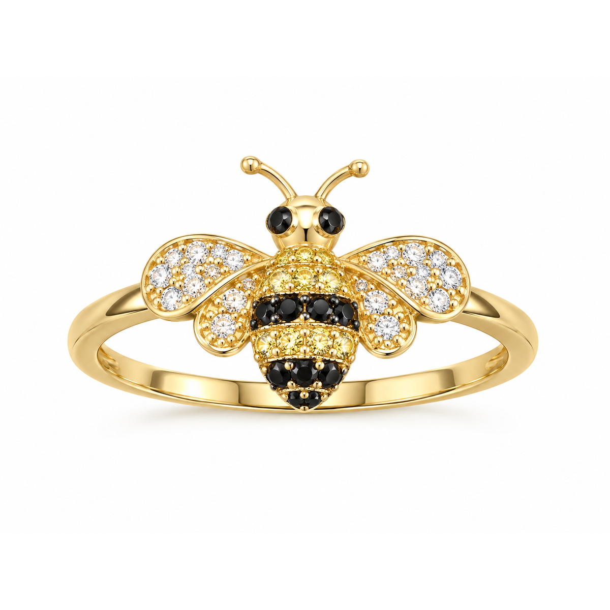 Anillo de Dama Oro 14k Abeja con Circonios Blancos Negros y Amarillos
