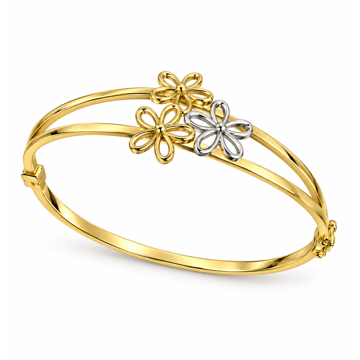 Brazalete de Dama Oro 14k Bicolor con Ramillete de Flores Caladas