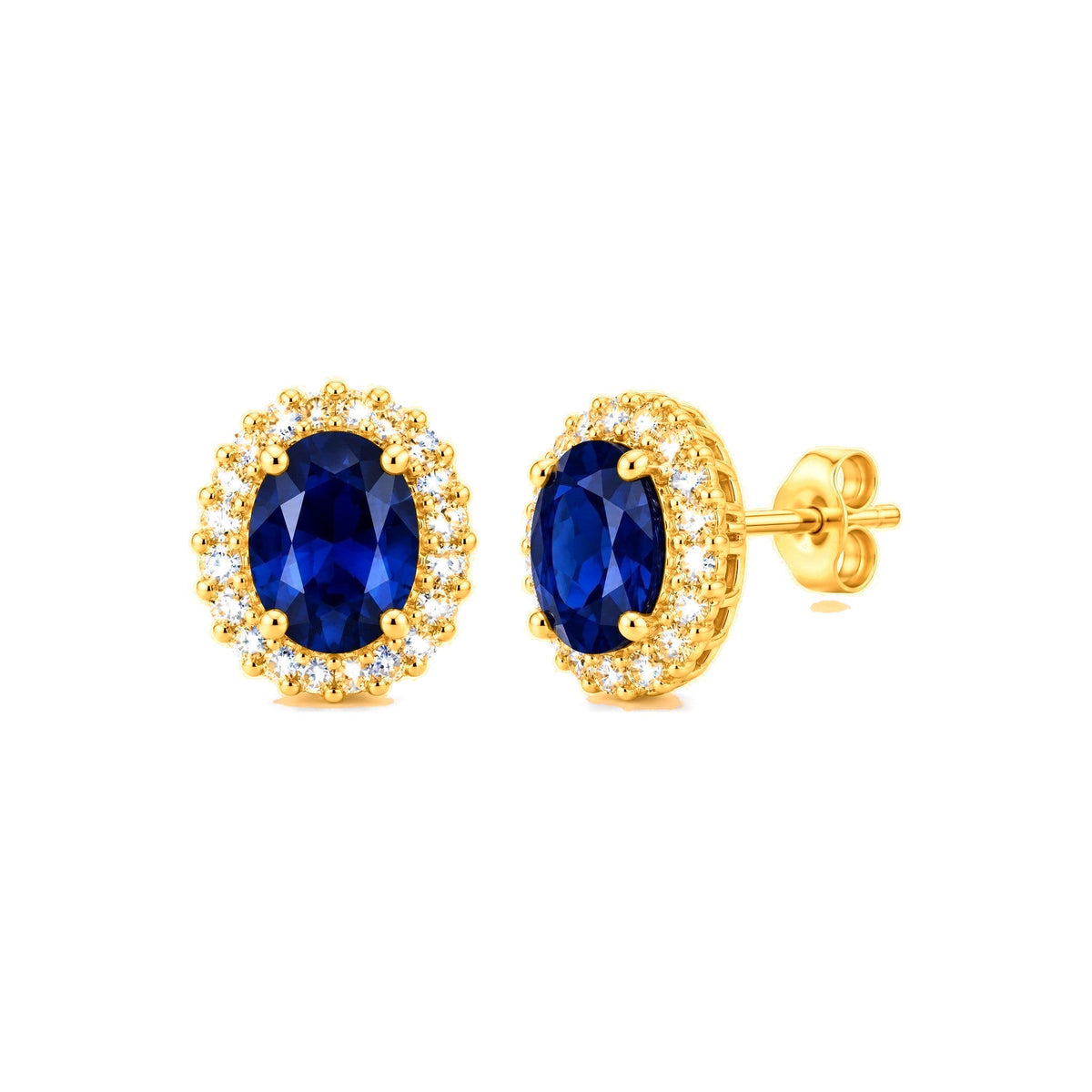 Aretes Ovalados Azules Oro 10k con Halo de Circonios