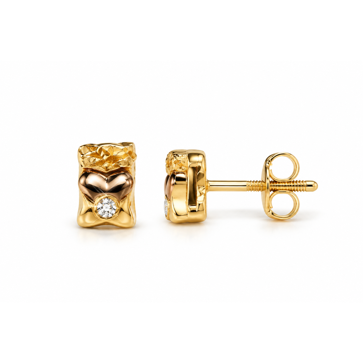Aretes de Dama Oro 10k Botón Texturizado con Corazón y Diamante Natural