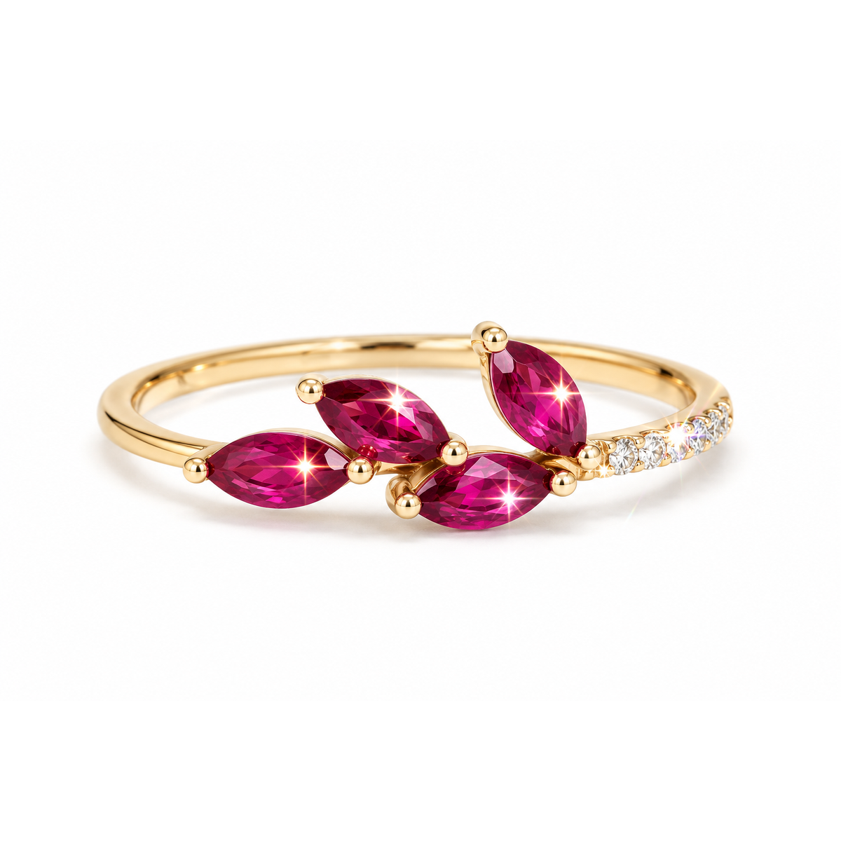Anillo de Dama Oro 14k Rubi Natural Hojas y Diamante