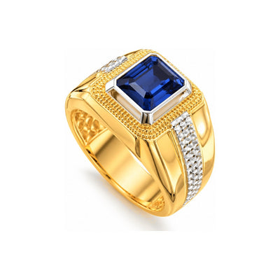 Anillo de Hombre Oro 10k Sello Piedra Azul Corte Esmeralda Bicolor