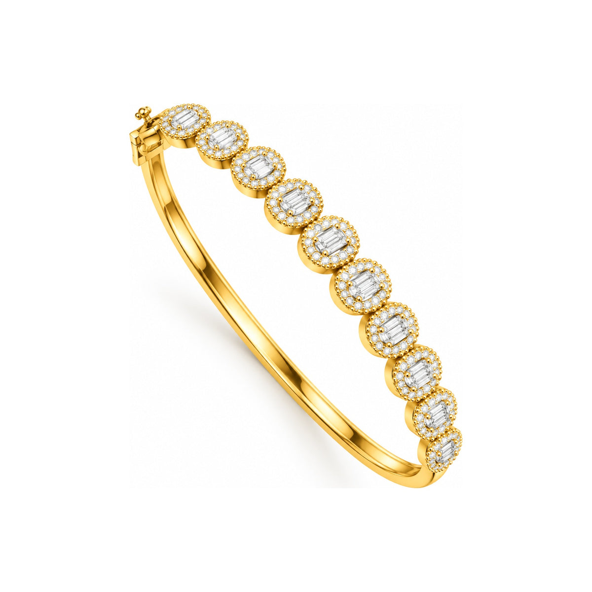 Brazalete de Dama Oro 14k Rígido Óvalos Baguette con Halo de Diamantes Naturales