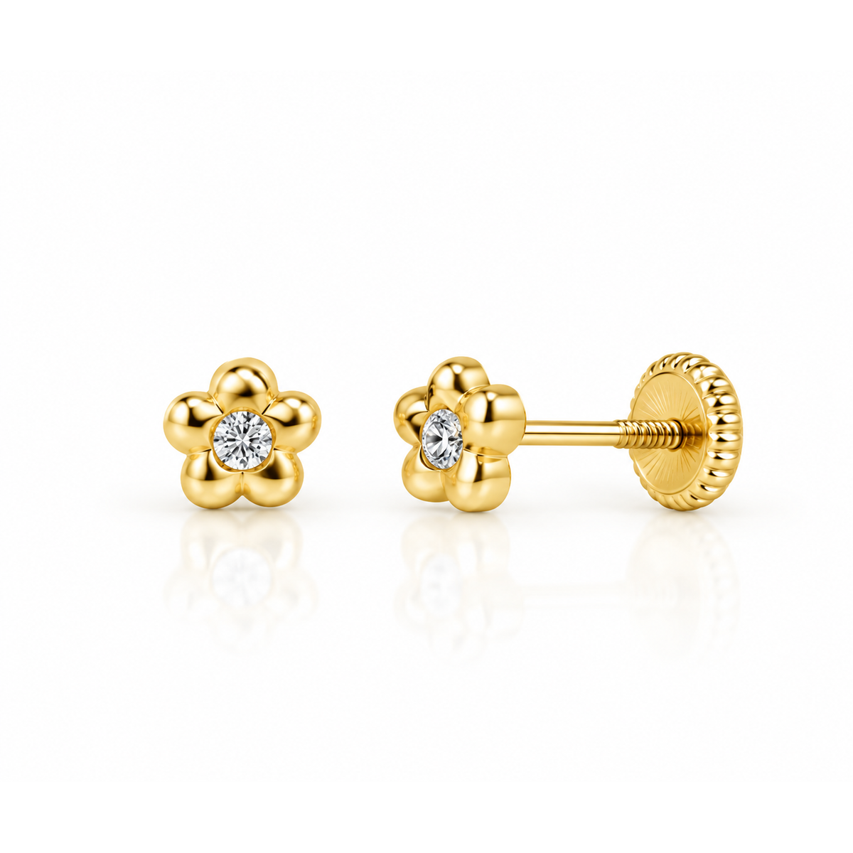 Aretes para Bebé Oro 14k Flor Abultada con Circonio