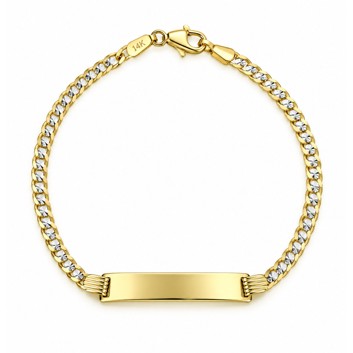 2mm Brazalete Infantil Oro 14k Sólido Bicolor con Placa 6 Pulgadas