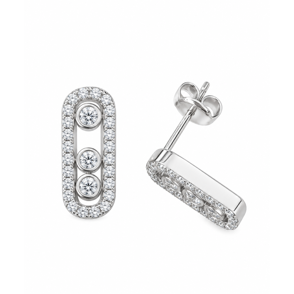 Aretes de Dama Oro Blanco 14k Óvalo Alargado con Circonios