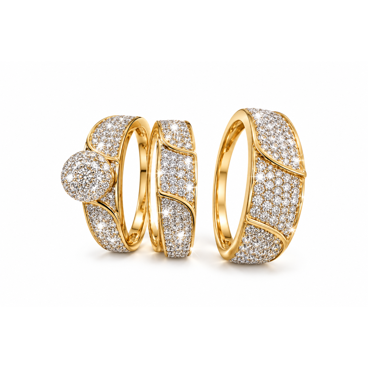 Trio de Anillos 14k de Matrimonio con Diamantes Naturales
