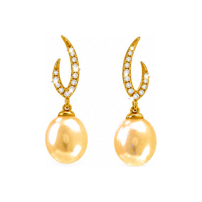 7x20mm Aretes de Dama Oro 14k Perla Colgante con Media Luna de Diamantes Naturales