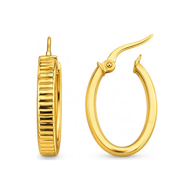 Aretes de Dama Oro 14k Argolla Ovalada con Borde Estriado