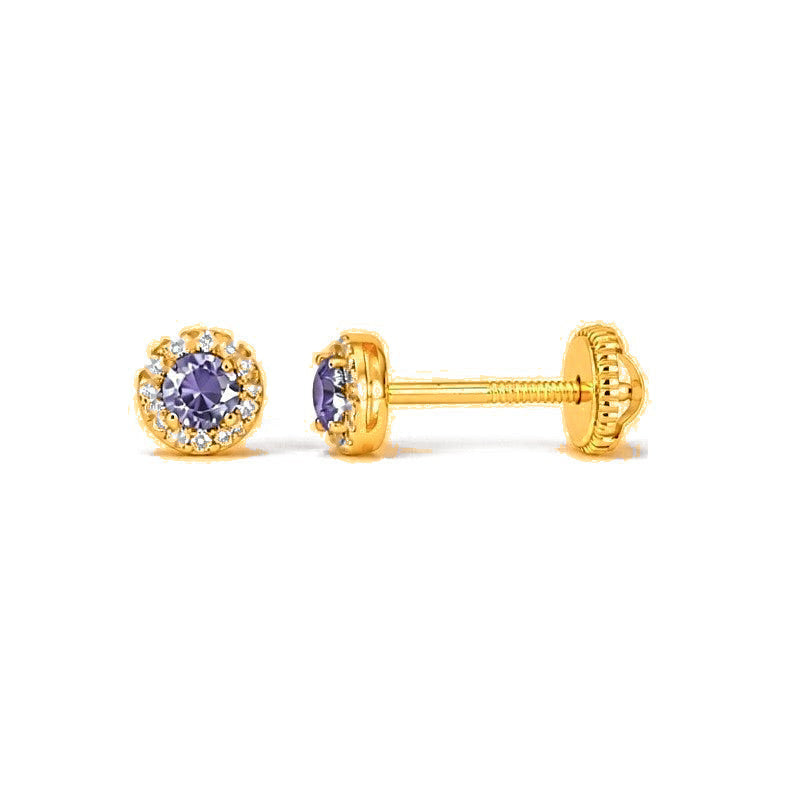 Aretes de Dama Oro 14k Circonio Morado con Halo