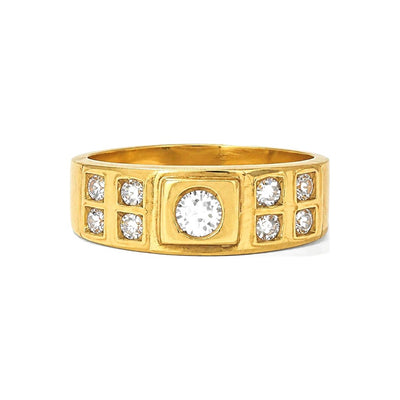 Anillo de Hombre Oro 10k Panel Cuadrado Rejilla Circonios