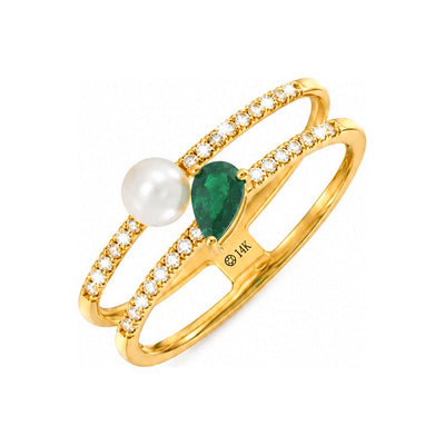 Anillo de Dama Oro 14k Doble Banda con Perla, Esmeralda Pera y Diamantes Naturales