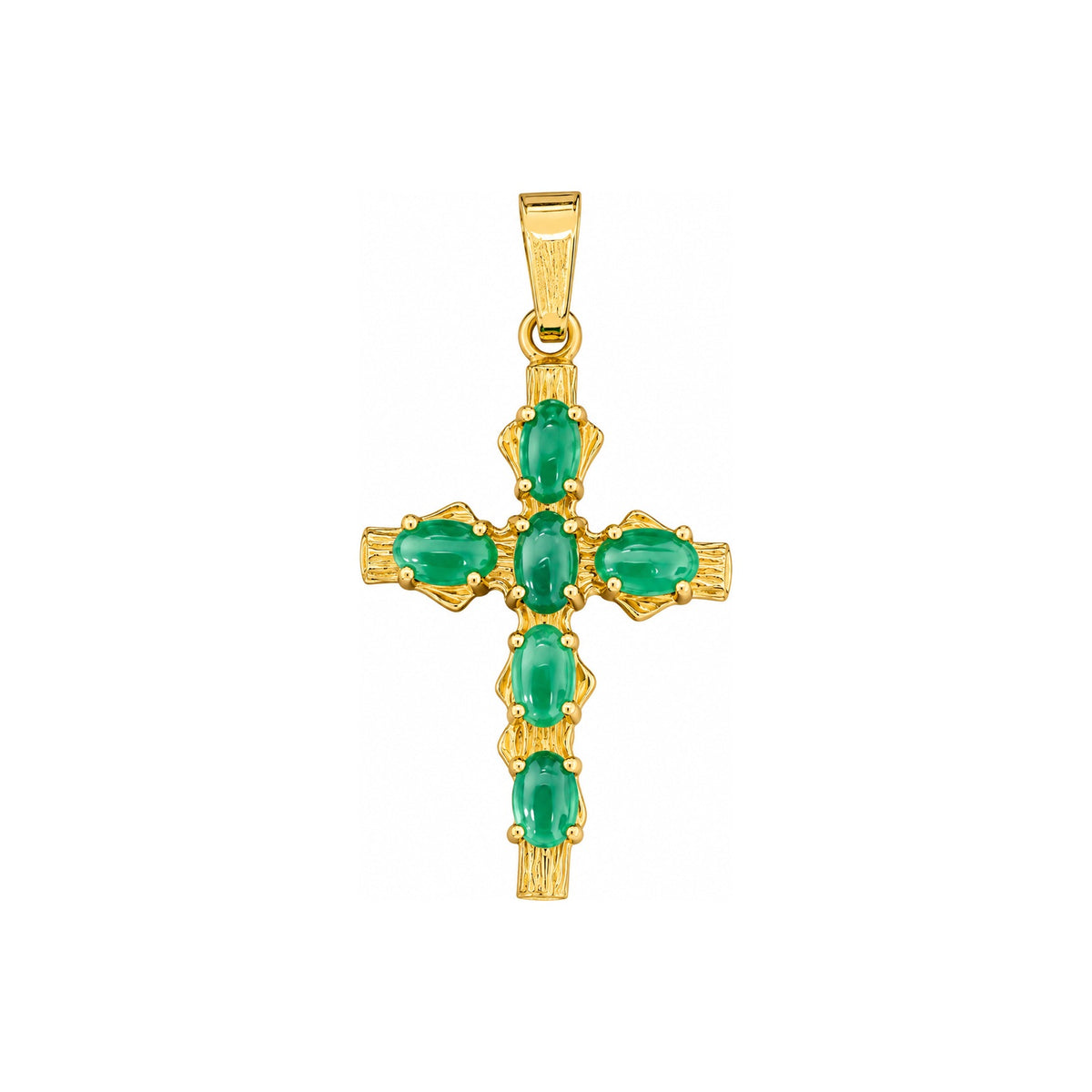 Dije Cruz Oro 14k Texturizada con Piedras Verdes Cabujón