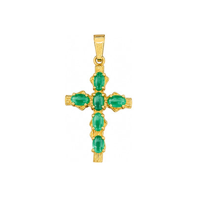 Dije Cruz Oro 14k Texturizada con Piedras Verdes Cabujón