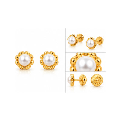 Aretes para Bebé Oro 14k Flor con Perla en Centro y Borde de Bolitas