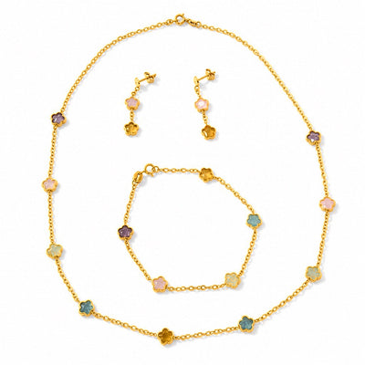 Set Flores de Colores Oro 10k Collar Brazalete y Aretes