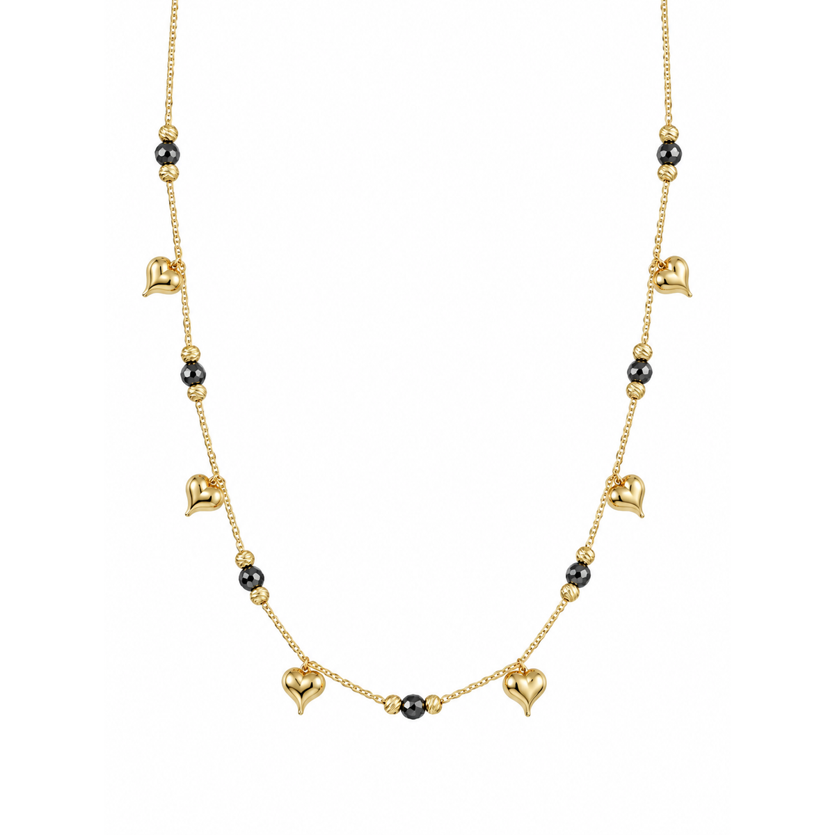 Cadena Oro 14k Corazones con Piedras Negras