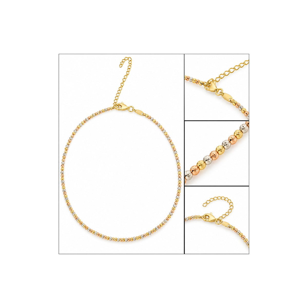 Cadena Oro 14k Bolitas Tricolor Diamantadas 14 Pulgadas con Extensión a 16