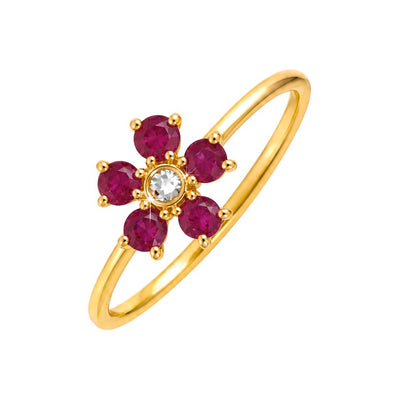 Anillo de Dama Oro 14k Flor de Cinco Rubíes con Diamante Natural al Centro