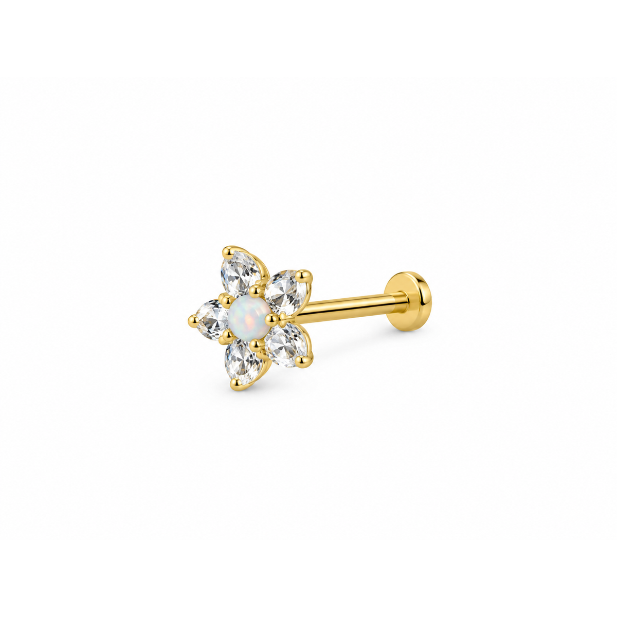 Piercing de Cartílago Oro 14k Flor con Ópalo