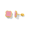 Aretes para Bebé Oro 14k Flor Cuatro Pétalos con Esmalte Rosa
