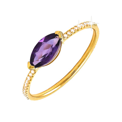 9mm Anillo de Dama Oro 14k Marquesa con Amatista y Diamantes Naturales