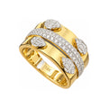 Anillo de Dama Oro 14k Banda Ancha Cruzada con Gotas Baguette y Diamantes Naturales