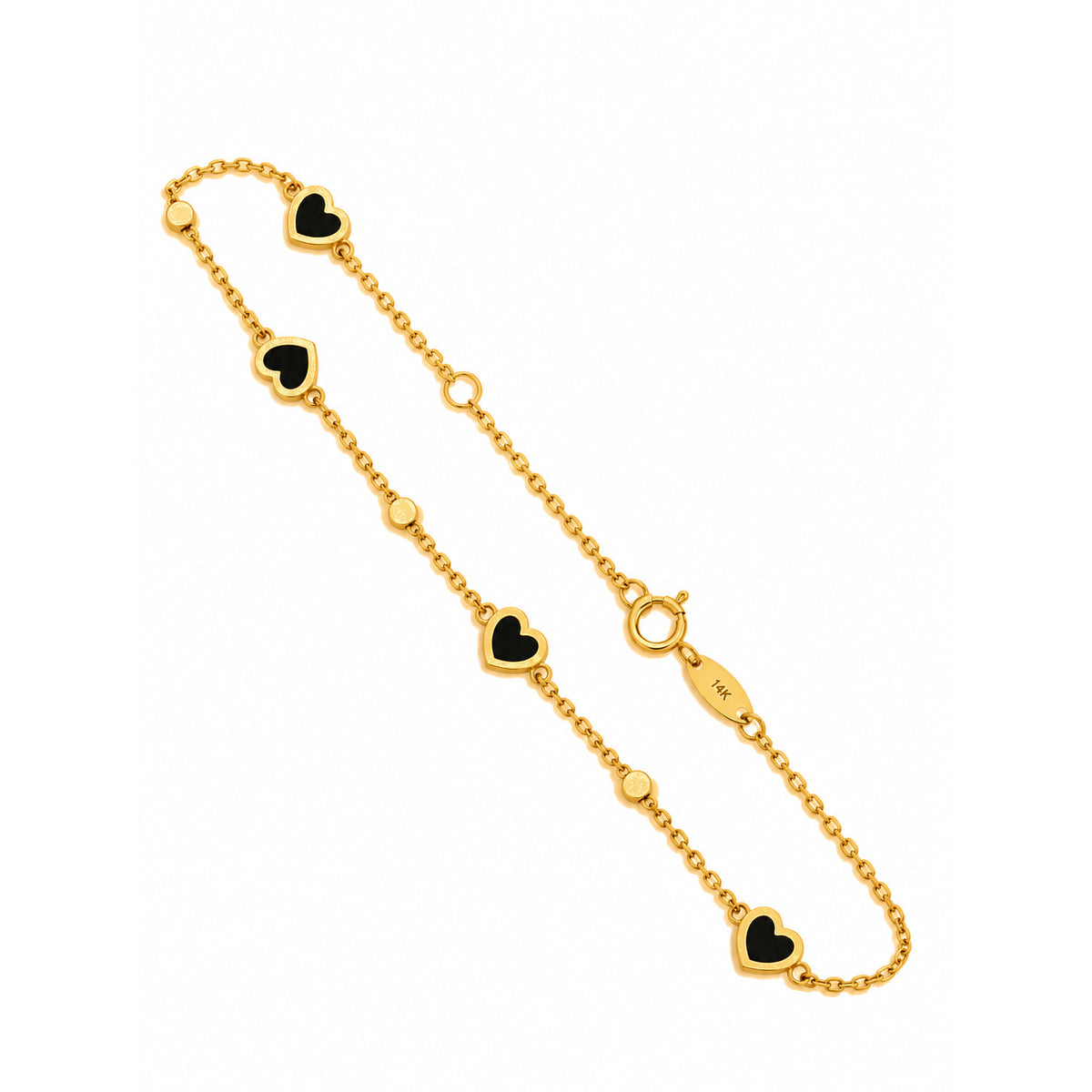 Brazalete de Dama Oro 14k con Corazones de Ónix Negro