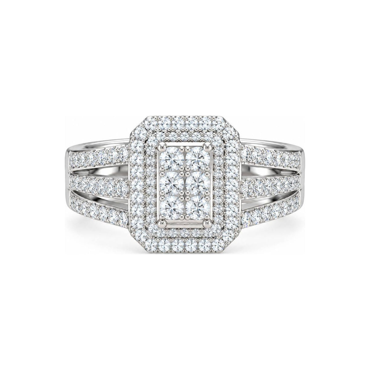 Anillo de Compromiso Halo Doble Cluster Hombros Triple Fila Moissanite S925