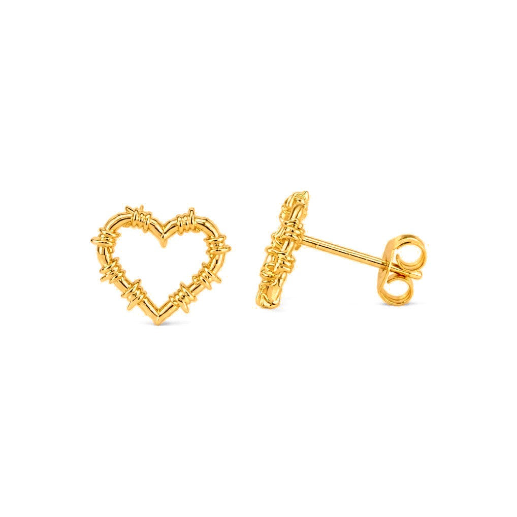 Aretes de Dama Oro 10k Corazón Calado Alambre de Púas