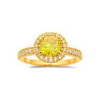 Anillo de Dama Oro 14k Circonia Amarilla con Halo y Banda Pavé