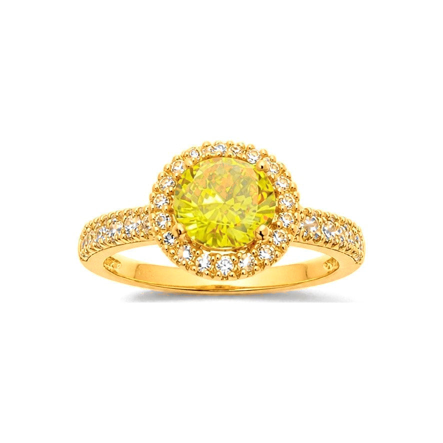 Anillo de Dama Oro 14k Circonia Amarilla con Halo y Banda Pavé