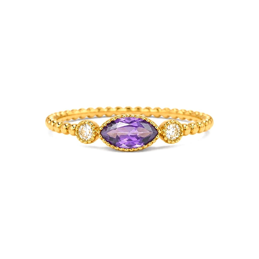 Anillo de Dama Oro 14k Circonia Morada Marquesa con Bolitas