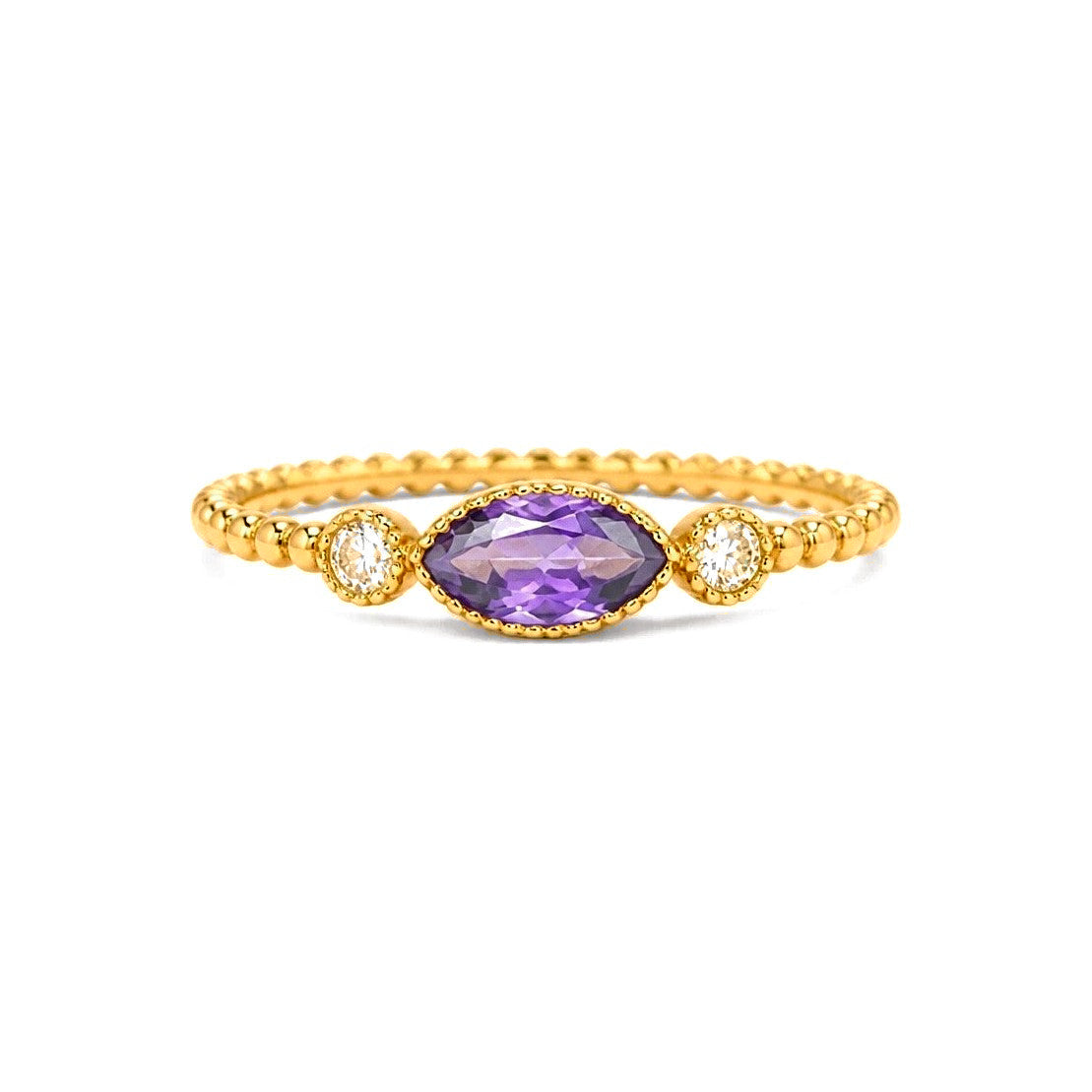 Anillo de Dama Oro 14k Circonia Morada Marquesa con Bolitas