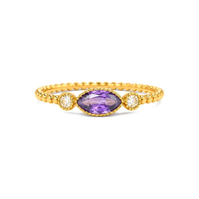 Anillo de Dama Oro 14k Circonia Morada Marquesa con Bolitas