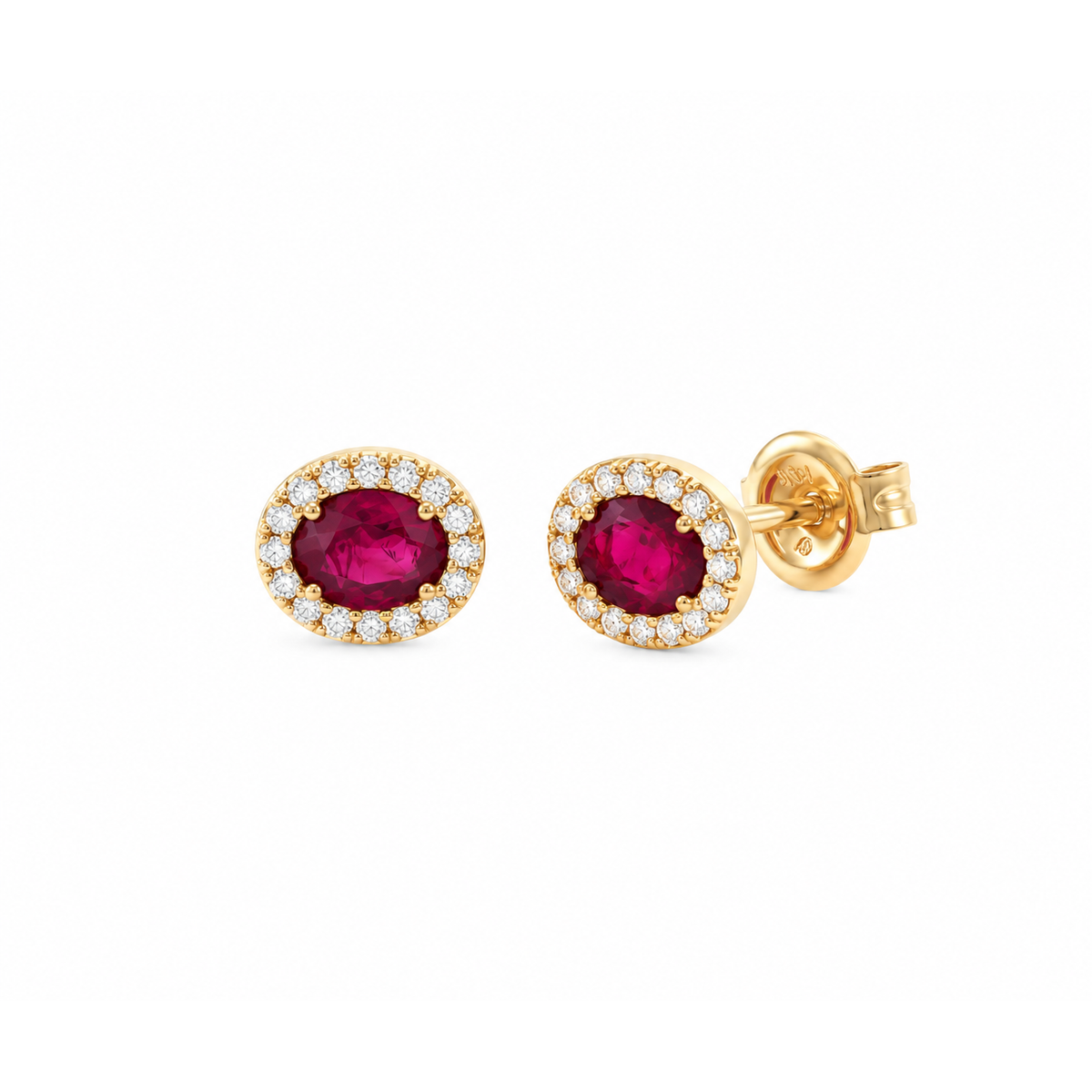 5x6mm Aretes de Dama Oro 14k Rubí Ovalado con Halo de Diamantes Naturales