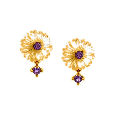 Aretes de Dama Oro 14k Flor de Nácar con Amatista Natural