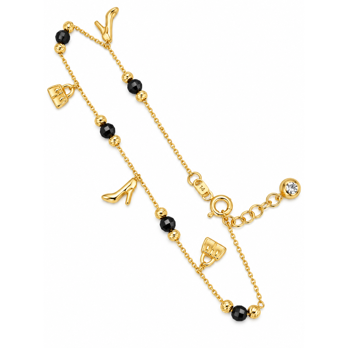 Brazalete de Dama Oro 14k con Dijes de Tacón y Cartera