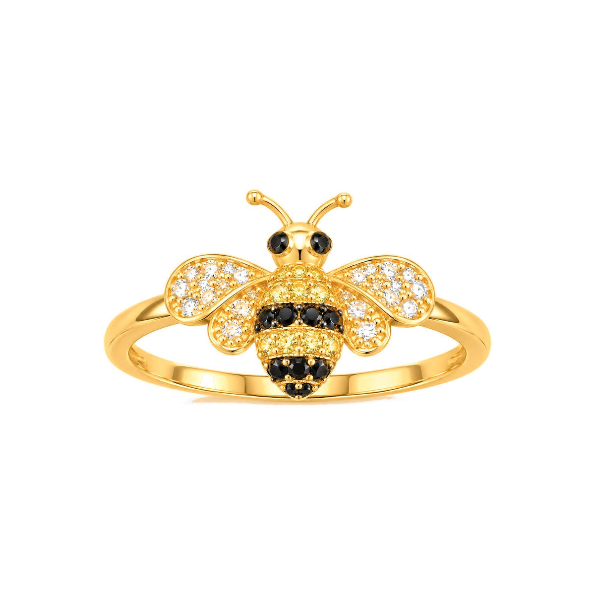 Anillo de Dama Oro 14k Abeja con Circonios Blancos Negros y Amarillos