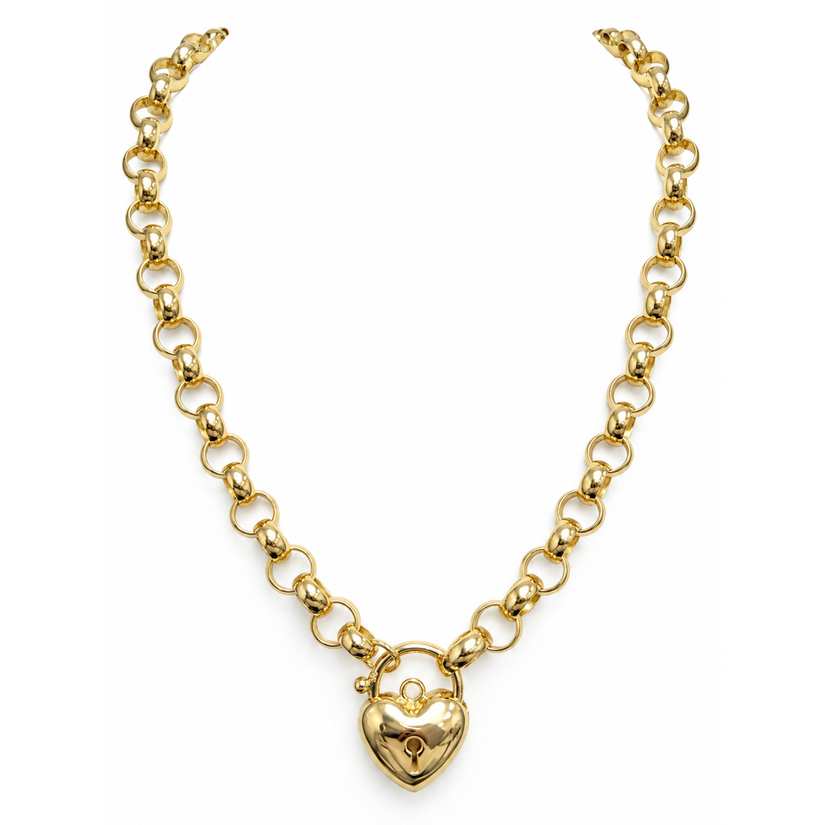 Cadena Collar Oro 10k Eslabón Rolo con Candado de Corazón