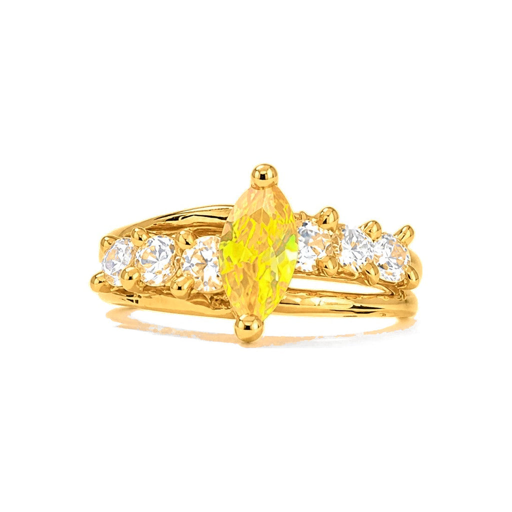 Anillo de Dama Oro 10k Circonia Amarilla Marquesa con Doble Aro